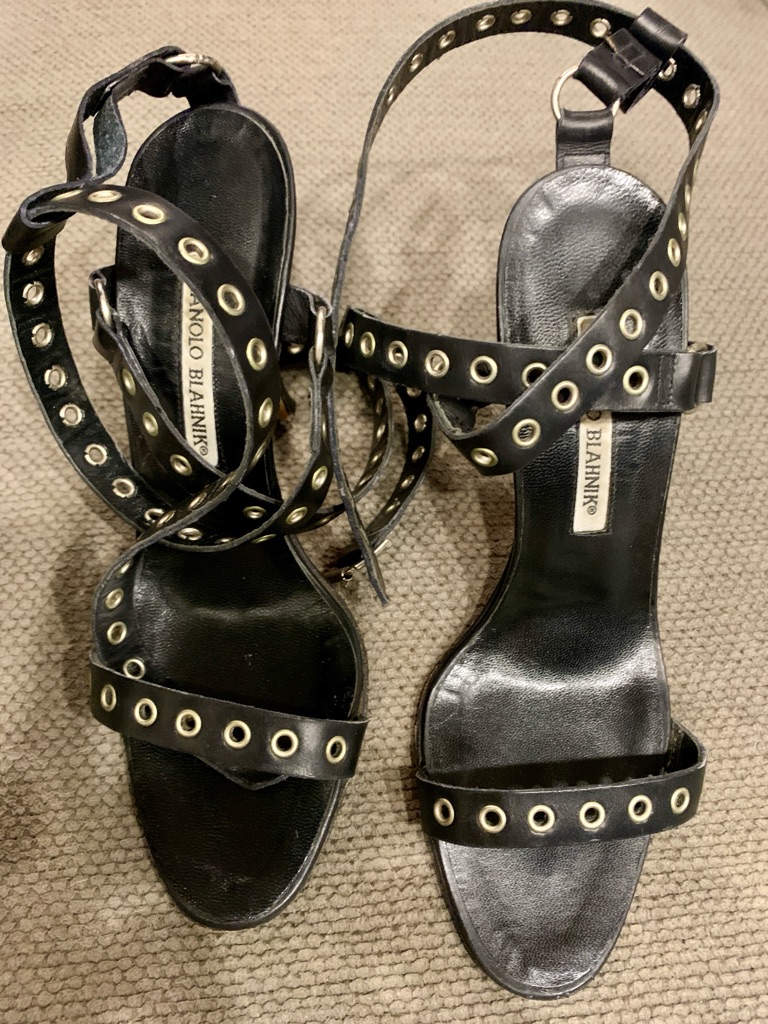 Manolo Blahnik Black Leather Grommet Wrap-Heel Sandals - Vintage